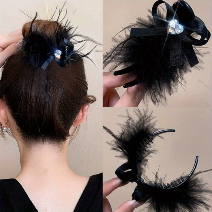 1pc Elegant Ladies Hair Accessory, Sweet Style Bun Maker Claw Clip With Heart Rhinestone, Lazy Hair Updo Tool For High Ponytail, Faux Feather Hair Clip For Women's Hairstyling