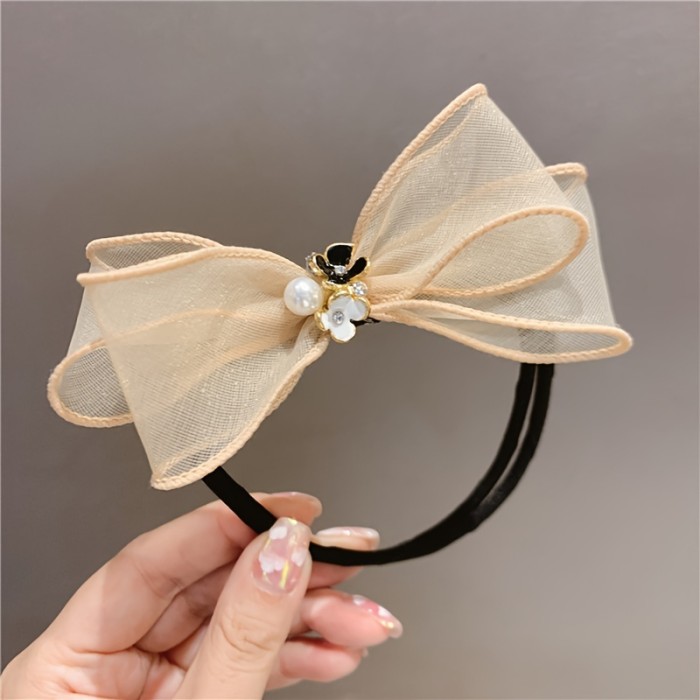 1pc Elegant Tulle Bow Hair Bun Maker With Flower Faux Pearl Accents - Sweet Elegance Hair Accessory For Women, Mesh Organza Hairpiece, Sophisticated Updo Decor