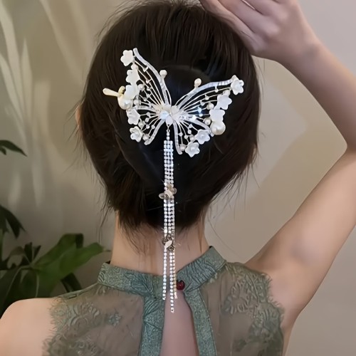 Elegant Butterfly Tassel Hair Clip With Faux Pearls, Women's Sophisticated Low Bun Hair Styling Accessory, Luxury Barrette For Updos