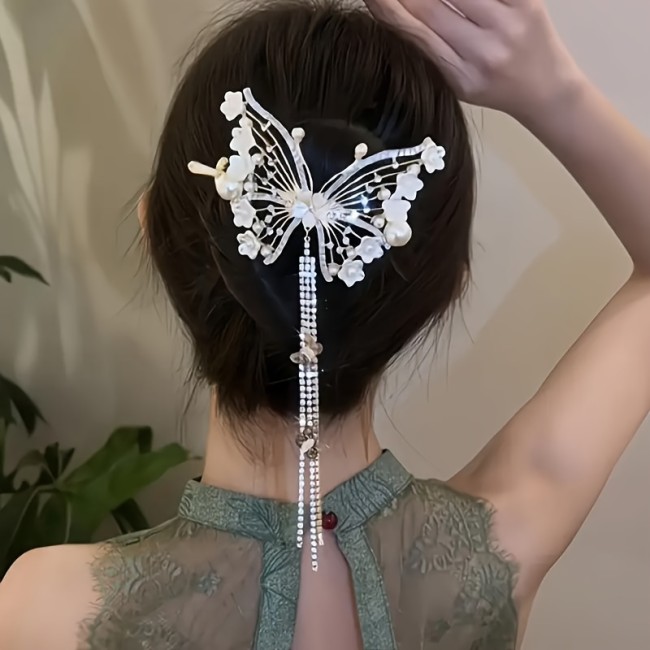 Elegant Butterfly Tassel Hair Clip With Faux Pearls, Women's Sophisticated Low Bun Hair Styling Accessory, Luxury Barrette For Updos