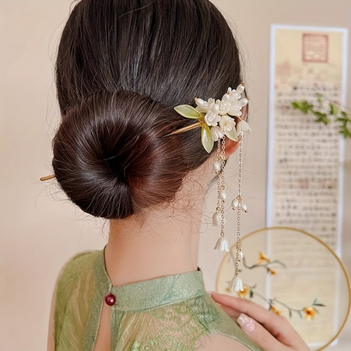 Elegant Traditional Chinese Style Hairpin, 1pc, Faux Pearl Lily Flower Tassel, High-End Charm, Bun Holder Hair Stick, Cheongsam Accessory, Vintage Ethnic Hair Jewelry