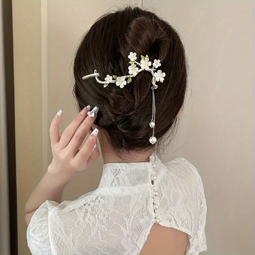 Elegant Faux Pearl & Floral Twist Hair Clip - Vintage-Inspired Alloy Accessory For Women, Perfect For Everyday Wear & Special Occasions