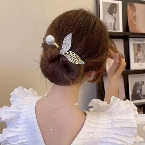 1pc Faux Peal Rhinestone Fish Tail Decorative Twist Hair Bun Maker, Elegant Hair Styling Accessories For Girls