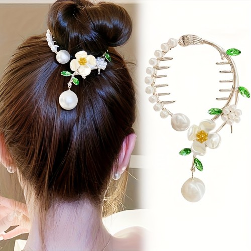 1pc Vintage Faux Pearl Flower Decorative Ponytail Holder Elegant Hair Clip Hair Bun Maker Baroque Style Hair Barrette