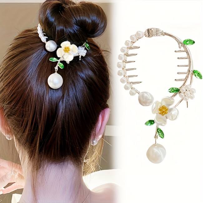 1pc Vintage Faux Pearl Flower Decorative Ponytail Holder Elegant Hair Clip Hair Bun Maker Baroque Style Hair Barrette