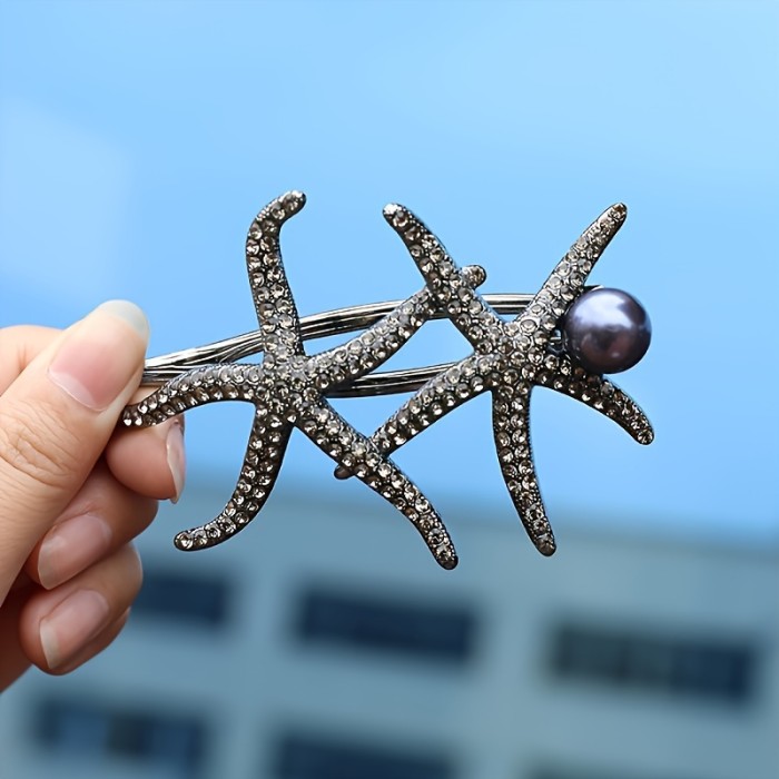 1pc Faux Pearl Rhinestone Dual Starfish Hairpin, Elegant Twist Bun Clip, Romantic Updo Accessory For Women, Suitable For Everyday And Festive Occasions