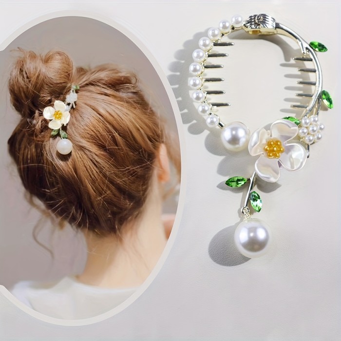1pc Vintage Faux Pearl Flower Decorative Ponytail Holder Elegant Hair Clip Hair Bun Maker Baroque Style Hair Barrette