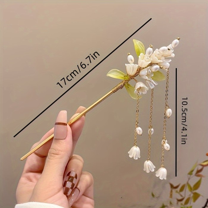 Elegant Traditional Chinese Style Hairpin, 1pc, Faux Pearl Lily Flower Tassel, High-End Charm, Bun Holder Hair Stick, Cheongsam Accessory, Vintage Ethnic Hair Jewelry