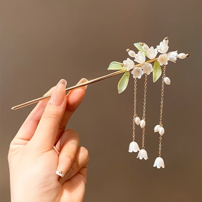 Elegant Traditional Chinese Style Hairpin, 1pc, Faux Pearl Lily Flower Tassel, High-End Charm, Bun Holder Hair Stick, Cheongsam Accessory, Vintage Ethnic Hair Jewelry