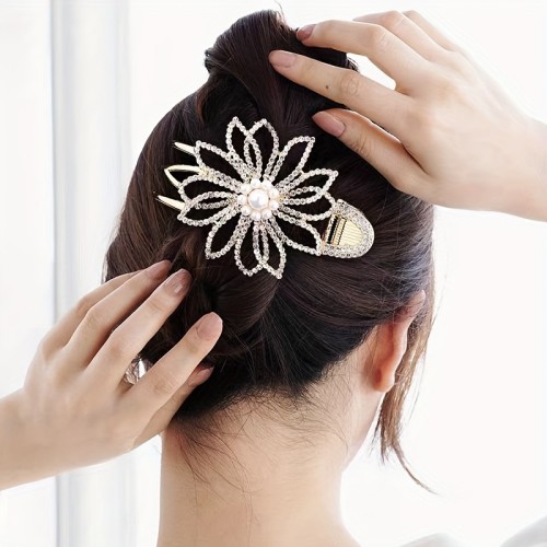 Elegant Faux Pearl Bling Bling Rhinestone Flower Decorative Hair Grab Clip Hair Bun Maker For Women And daily use Wear