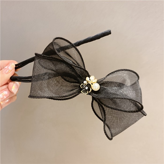 1pc Elegant Tulle Bow Hair Bun Maker With Flower Faux Pearl Accents - Sweet Elegance Hair Accessory For Women, Mesh Organza Hairpiece, Sophisticated Updo Decor