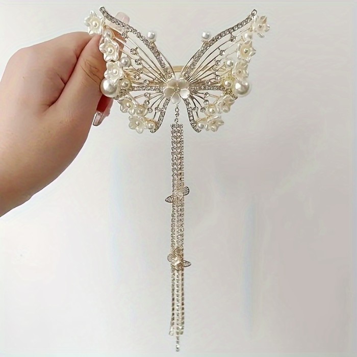 Elegant Butterfly Tassel Hair Clip With Faux Pearls, Women's Sophisticated Low Bun Hair Styling Accessory, Luxury Barrette For Updos