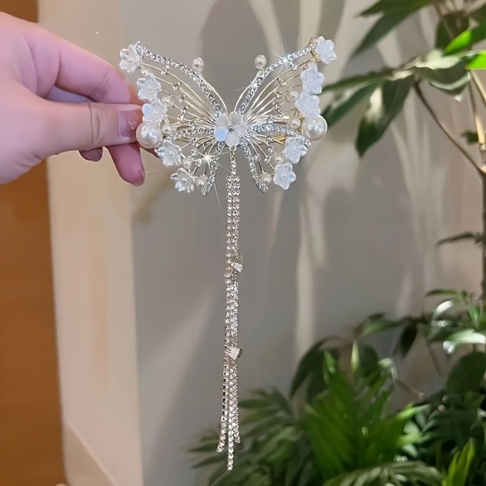 Elegant Butterfly Tassel Hair Clip With Faux Pearls, Women's Sophisticated Low Bun Hair Styling Accessory, Luxury Barrette For Updos