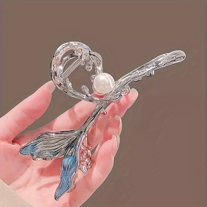Elegant Large Fish Tail Hair Claw Clip, Simplistic Faux Pearl Embellished Shark Clip, Hairstyle Accessory For Women, Hair Grip For Bun Decoration