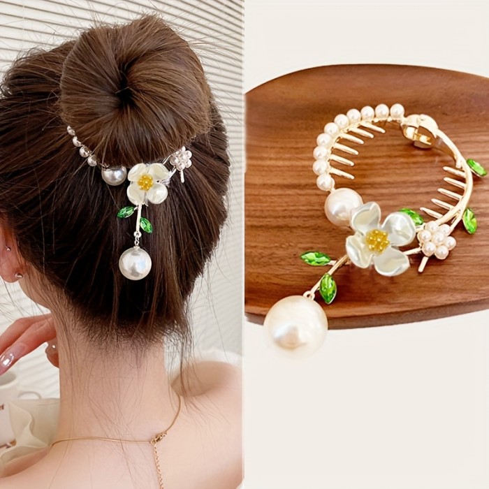 1pc Vintage Faux Pearl Flower Decorative Ponytail Holder Elegant Hair Clip Hair Bun Maker Baroque Style Hair Barrette