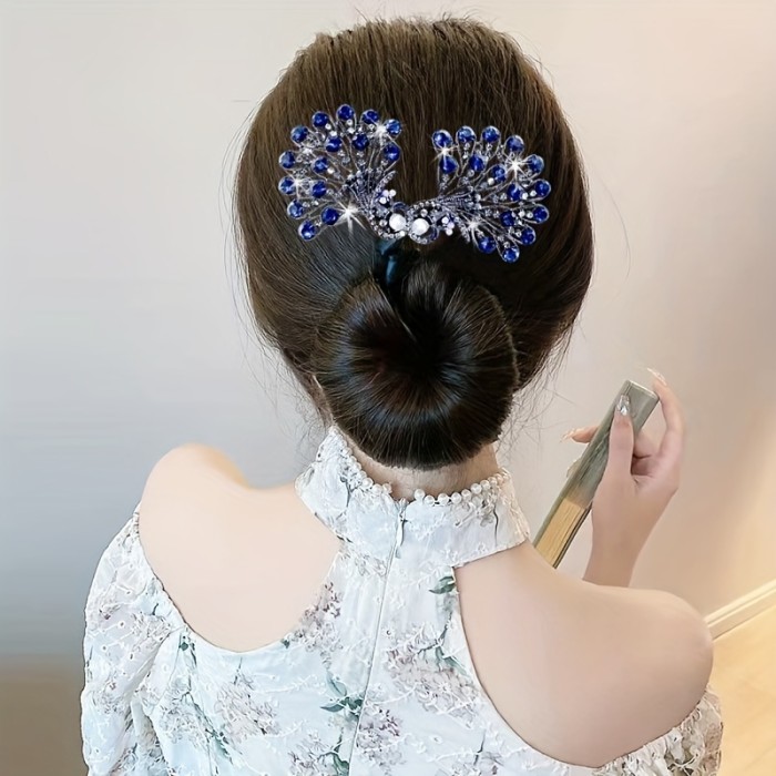 Elegant Peacock Hair Bun Maker With Faux Pearls & Rhinestones - Chic Twist Clip For Bridal & Party Hairstyles