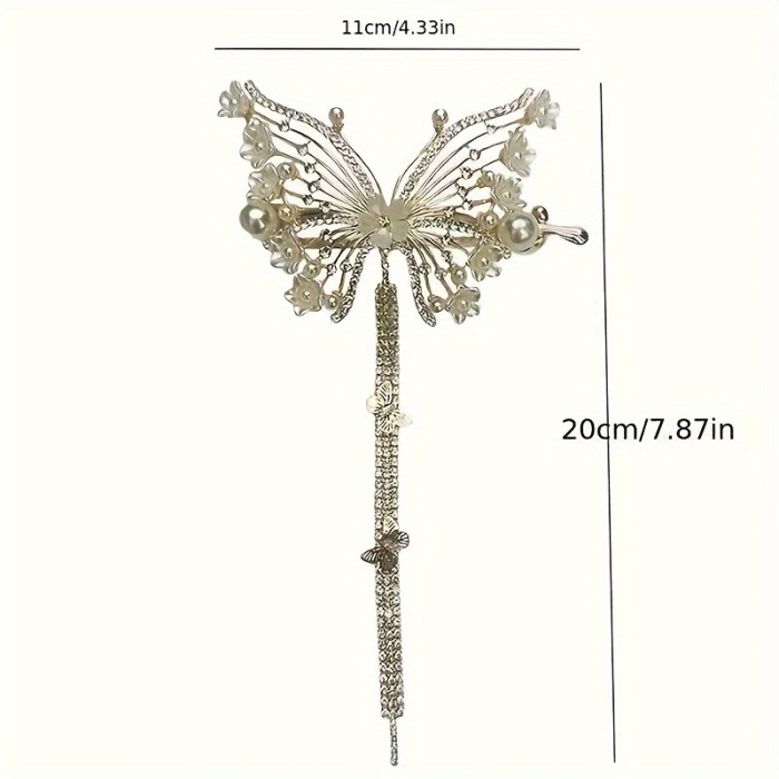 Elegant Butterfly Tassel Hair Clip With Faux Pearls, Women's Sophisticated Low Bun Hair Styling Accessory, Luxury Barrette For Updos