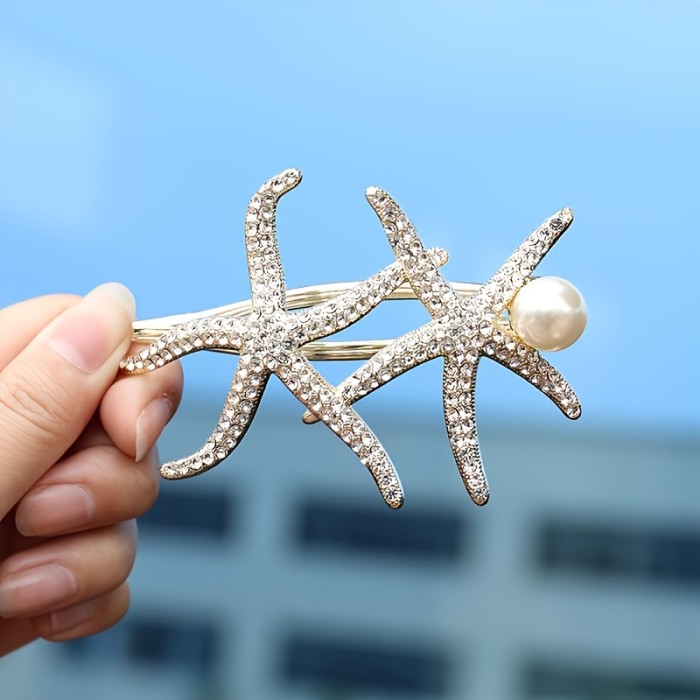 1pc Faux Pearl Rhinestone Dual Starfish Hairpin, Elegant Twist Bun Clip, Romantic Updo Accessory For Women, Suitable For Everyday And Festive Occasions