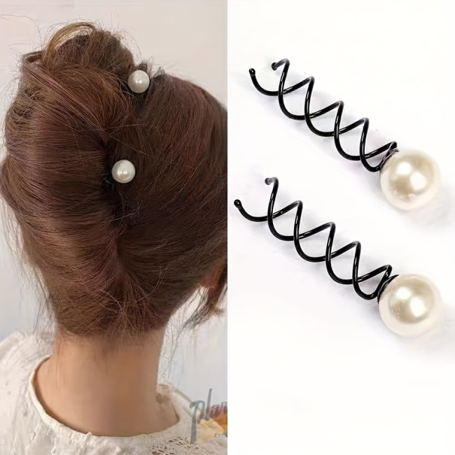 2pcs Elegant Faux Pearl Spiral Ahir Bun Maker, Twist Hairpins, DIY Hair Styling Accessories For Women Girls