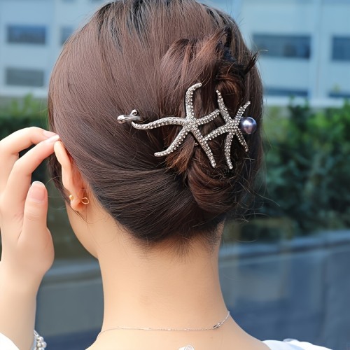 1pc Faux Pearl Rhinestone Dual Starfish Hairpin, Elegant Twist Bun Clip, Romantic Updo Accessory For Women, Suitable For Everyday And Festive Occasions