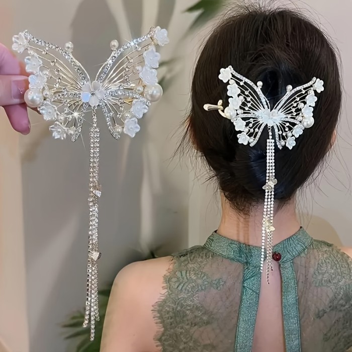 Elegant Butterfly Tassel Hair Clip With Faux Pearls, Women's Sophisticated Low Bun Hair Styling Accessory, Luxury Barrette For Updos
