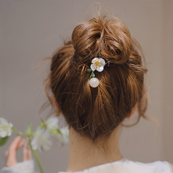 1pc Vintage Faux Pearl Flower Decorative Ponytail Holder Elegant Hair Clip Hair Bun Maker Baroque Style Hair Barrette