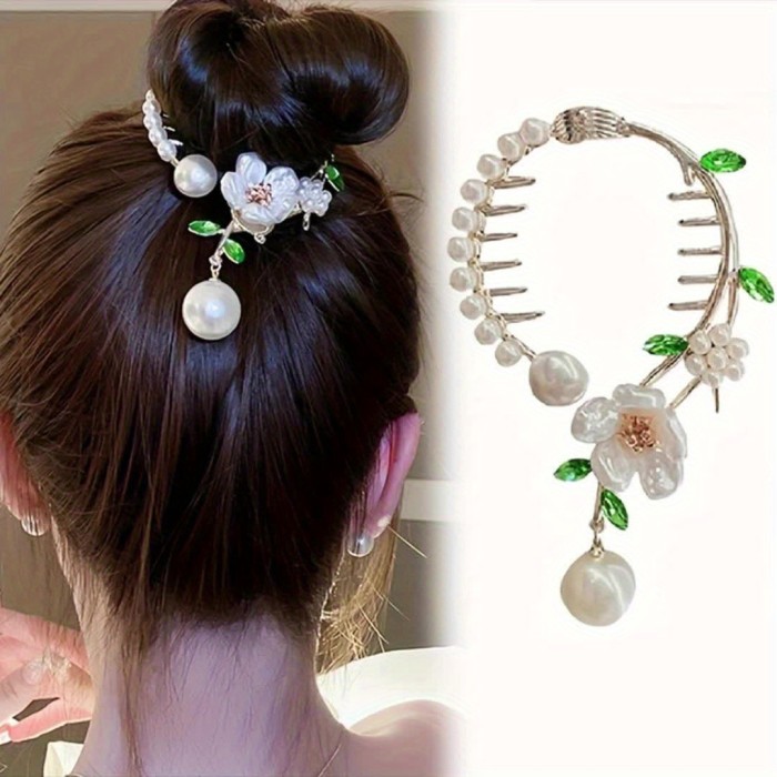1pc Vintage Faux Pearl Flower Decorative Ponytail Holder Elegant Hair Clip Hair Bun Maker Baroque Style Hair Barrette