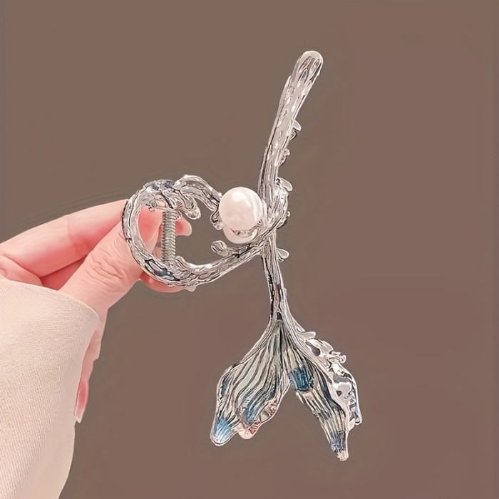 Elegant Large Fish Tail Hair Claw Clip, Simplistic Faux Pearl Embellished Shark Clip, Hairstyle Accessory For Women, Hair Grip For Bun Decoration