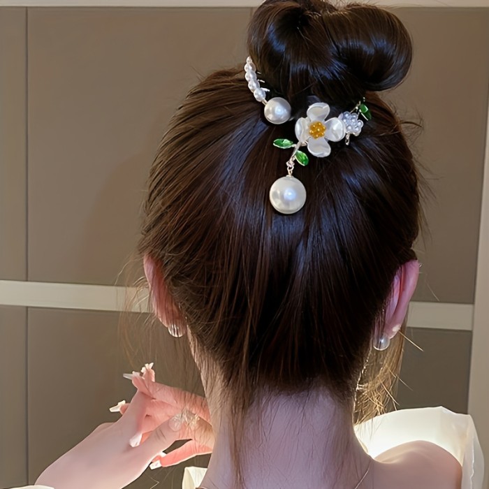 1pc Vintage Faux Pearl Flower Decorative Ponytail Holder Elegant Hair Clip Hair Bun Maker Baroque Style Hair Barrette