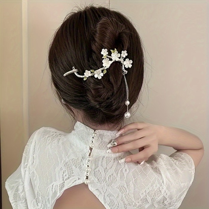 Elegant Faux Pearl & Floral Twist Hair Clip - Vintage-Inspired Alloy Accessory For Women, Perfect For Everyday Wear & Special Occasions