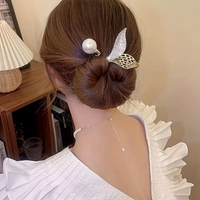1pc Faux Peal Rhinestone Fish Tail Decorative Twist Hair Bun Maker, Elegant Hair Styling Accessories For Girls