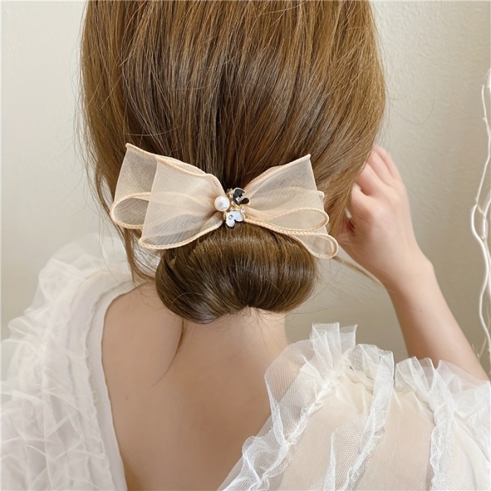 1pc Elegant Tulle Bow Hair Bun Maker With Flower Faux Pearl Accents - Sweet Elegance Hair Accessory For Women, Mesh Organza Hairpiece, Sophisticated Updo Decor