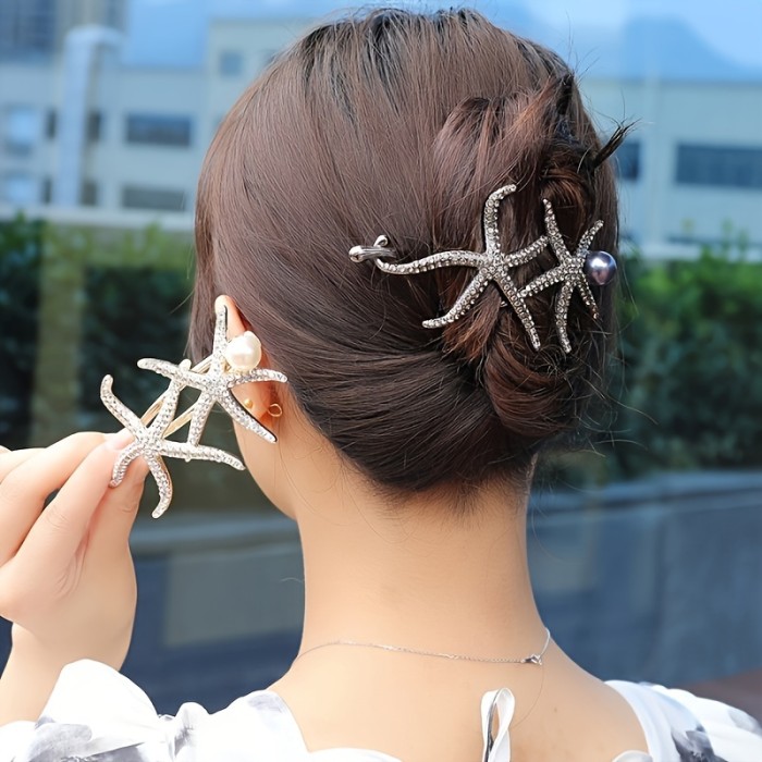 1pc Faux Pearl Rhinestone Dual Starfish Hairpin, Elegant Twist Bun Clip, Romantic Updo Accessory For Women, Suitable For Everyday And Festive Occasions