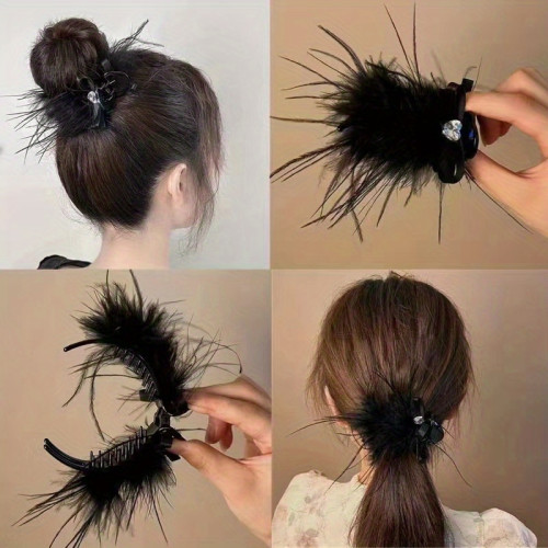 1pc Elegant Ladies Hair Accessory, Sweet Style Bun Maker Claw Clip With Heart Rhinestone, Lazy Hair Updo Tool For High Ponytail, Faux Feather Hair Clip For Women's Hairstyling