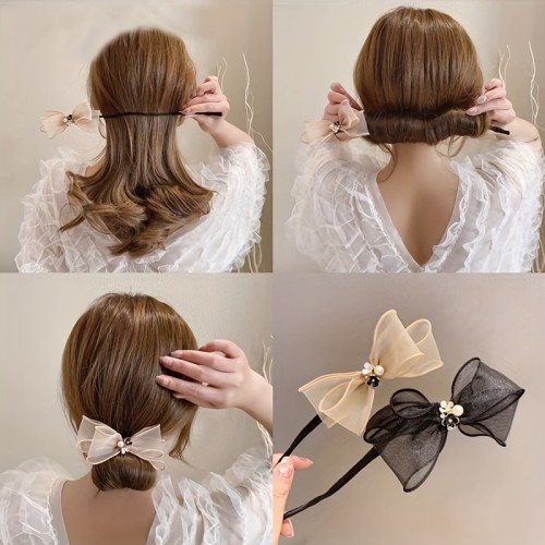 1pc Elegant Tulle Bow Hair Bun Maker With Flower Faux Pearl Accents - Sweet Elegance Hair Accessory For Women, Mesh Organza Hairpiece, Sophisticated Updo Decor
