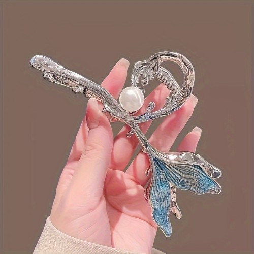 Elegant Large Fish Tail Hair Claw Clip, Simplistic Faux Pearl Embellished Shark Clip, Hairstyle Accessory For Women, Hair Grip For Bun Decoration