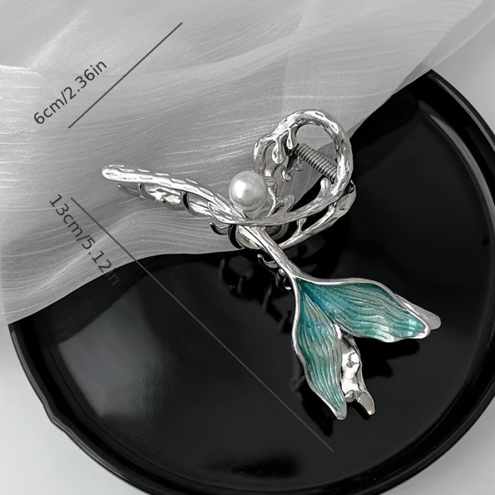 Elegant Large Fish Tail Hair Claw Clip, Simplistic Faux Pearl Embellished Shark Clip, Hairstyle Accessory For Women, Hair Grip For Bun Decoration