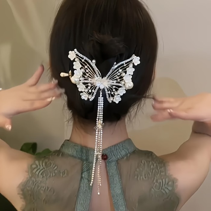 Elegant Butterfly Tassel Hair Clip With Faux Pearls, Women's Sophisticated Low Bun Hair Styling Accessory, Luxury Barrette For Updos