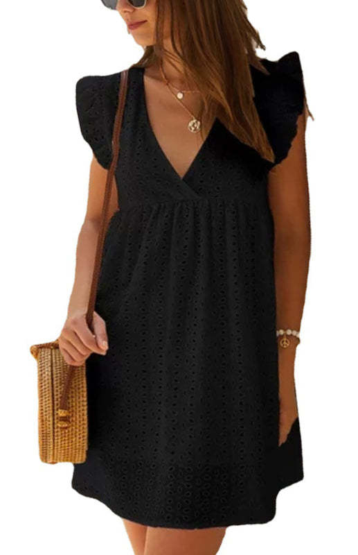 Women's V-Neck Short-Sleeved Lace Mini Dress