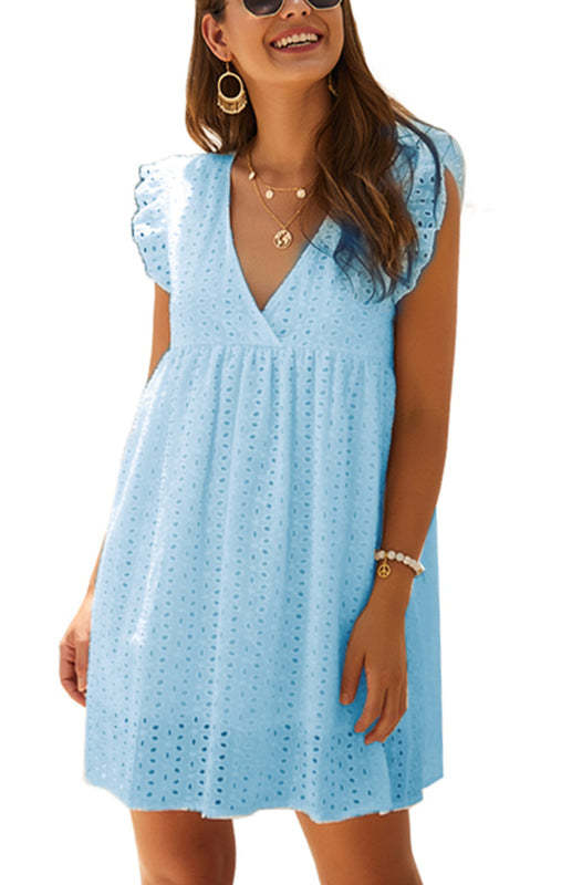 Women's V-Neck Short-Sleeved Lace Mini Dress