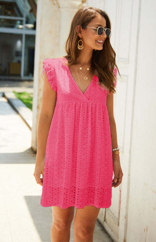 Women's V-Neck Short-Sleeved Lace Mini Dress