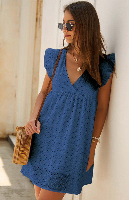 Women's V-Neck Short-Sleeved Lace Mini Dress