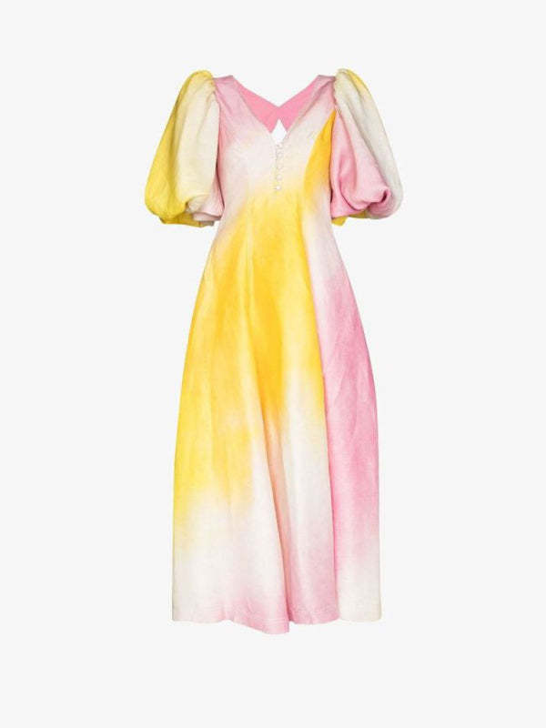 New fashion colorful V-neck lantern sleeve dress