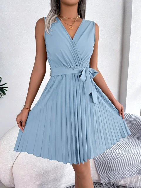 Women's Casual V-Neck Sleeveless Versatile Pleated Summer Dress