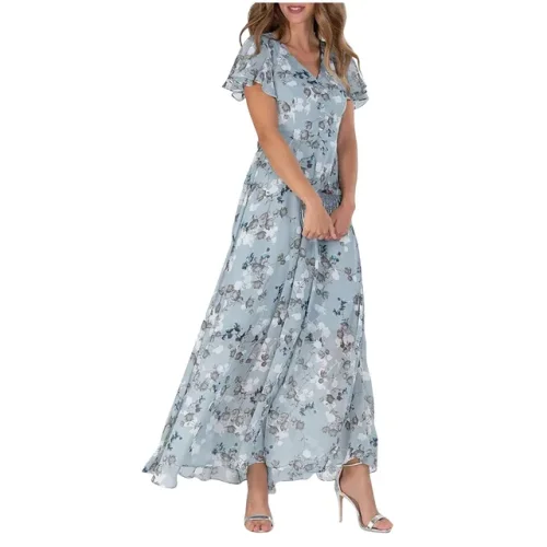 Women's Floral Printed Chiffon Short Sleeve Summer Long Dress