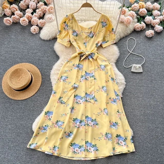Women's Summer Outfits Square-Collar Printed Contrast Dress