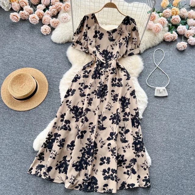 Women's Summer Outfits Square-Collar Printed Contrast Dress