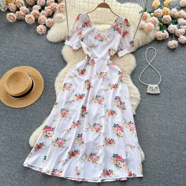 Women's Summer Outfits Square-Collar Printed Contrast Dress