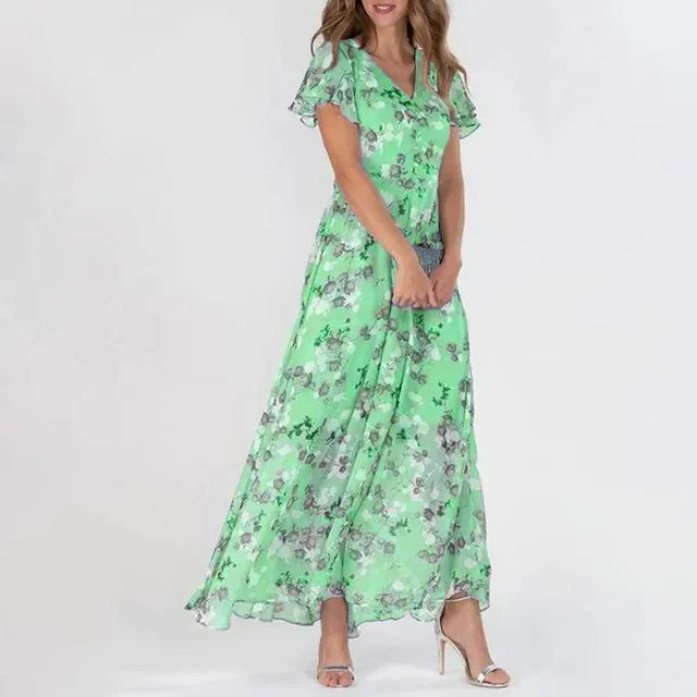 Women's Floral Printed Chiffon Short Sleeve Summer Long Dress