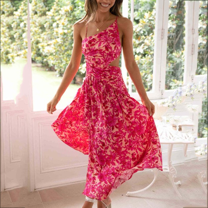 Summer Backless Bandage Women Sexy Dress Slim Fit Off Shoulder Splicing Chiffon Long Dresses Floral Print Casual Beach Dresses